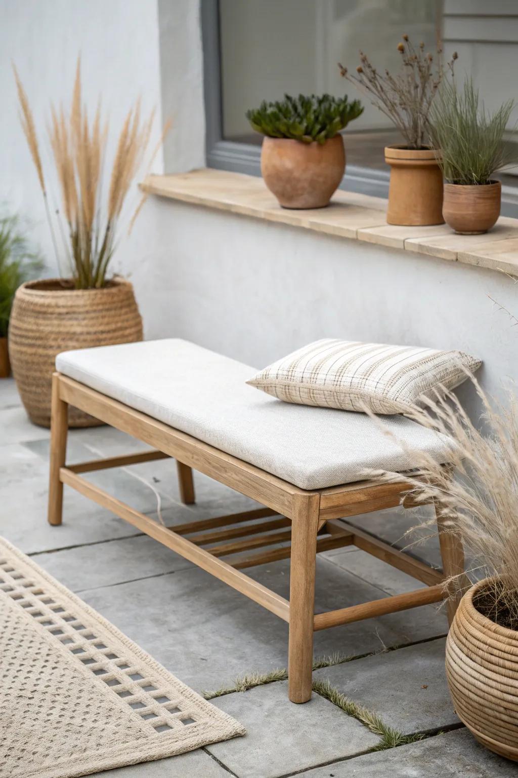 A petite bench creates a tiny patio destination—minimal, cozy, and effortlessly chic.