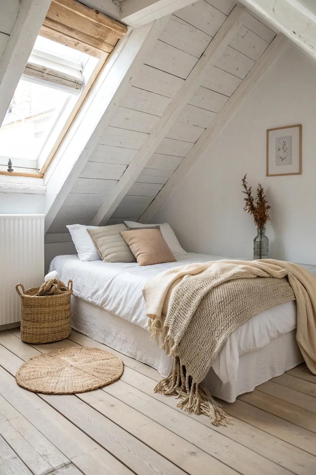 A low bed under the eaves turns awkward attic slopes into a cozy, layered sleep nook.