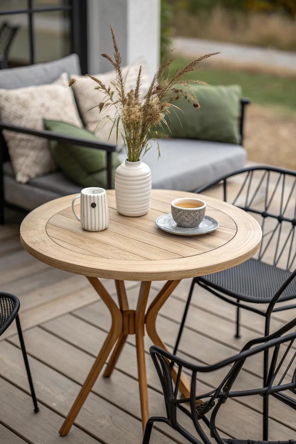 A tiny bistro table between two compact chairs instantly creates a mini conversation spot.