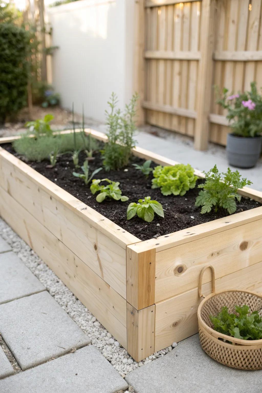 A classic cedar raised bed—small-space friendly, organized, and perfect for block planting.