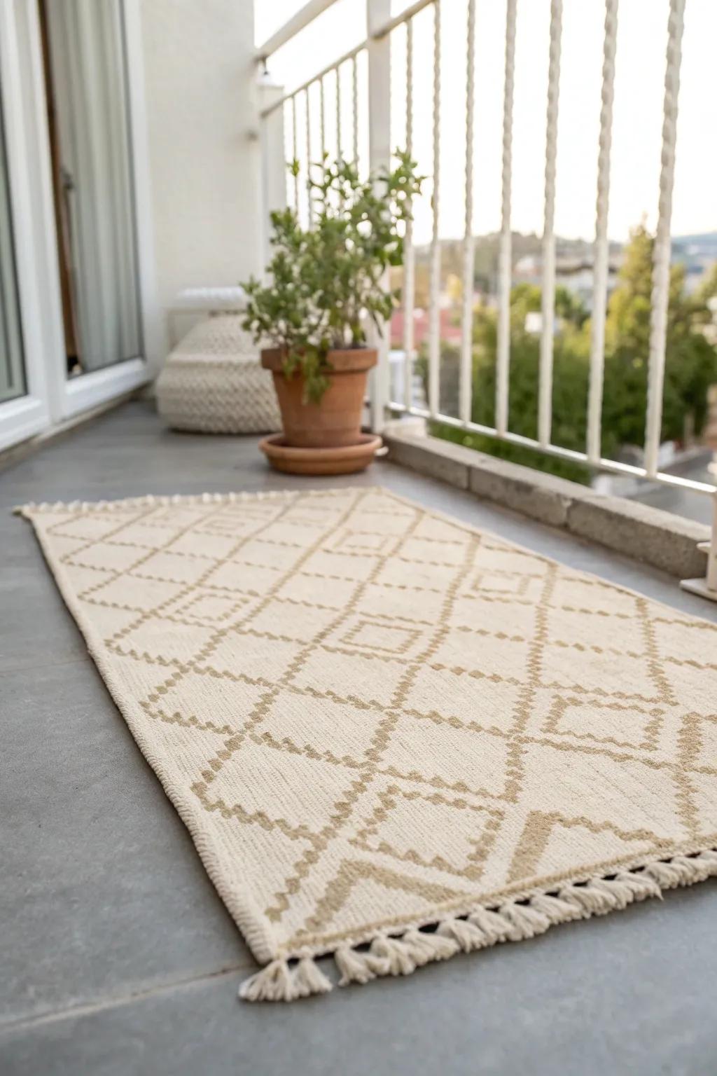 A budget outdoor rug instantly hides dull concrete and makes a small balcony feel like a room.
