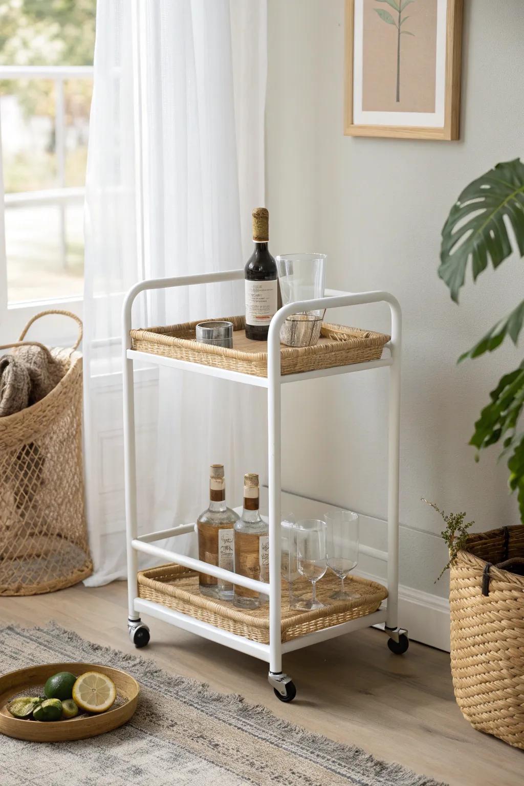A slim bar cart that rolls anywhere—minimal, bright, and perfectly styled for small spaces.