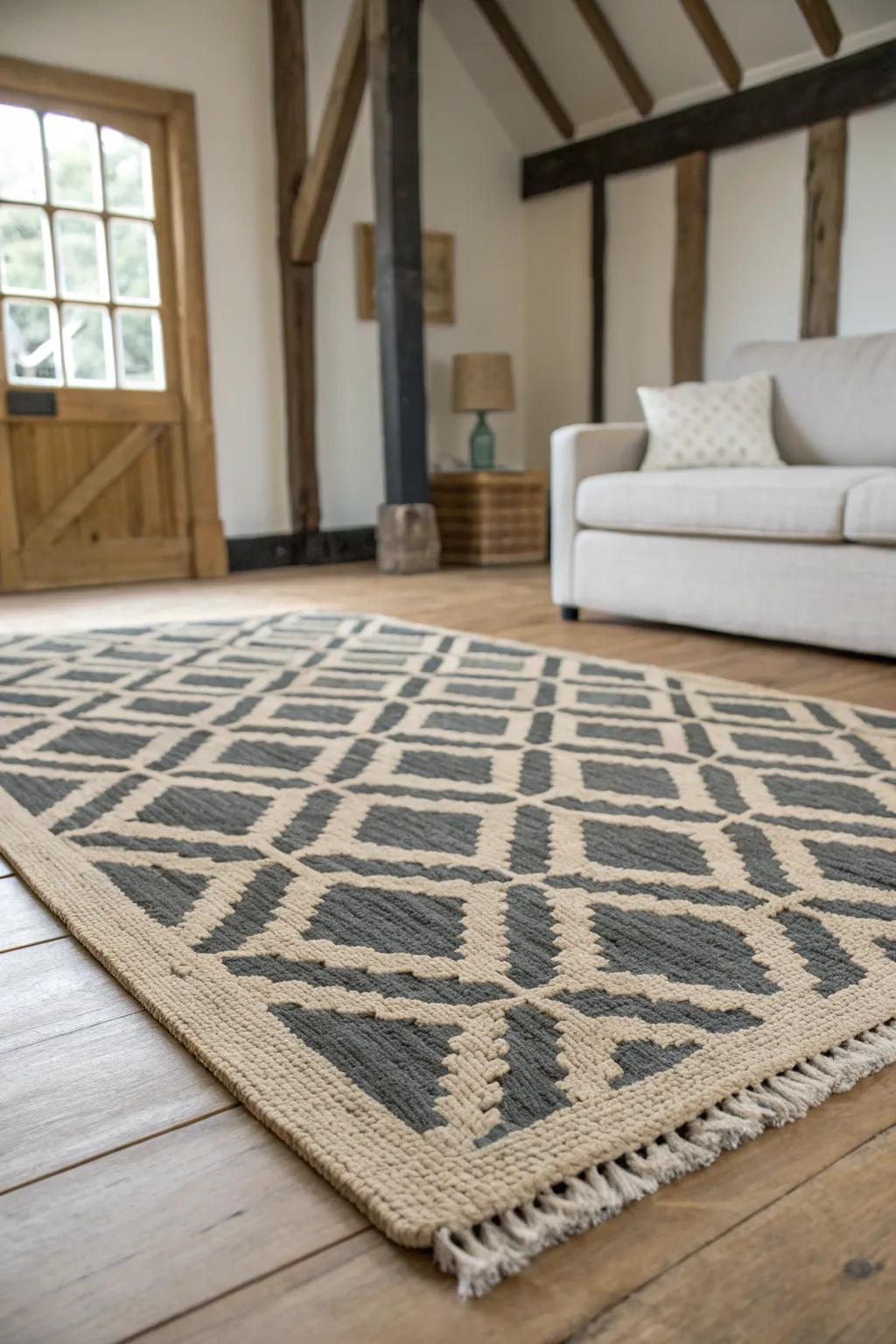 One statement rug that quietly defines kitchen, dining, and lounge zones in a small barn open plan.