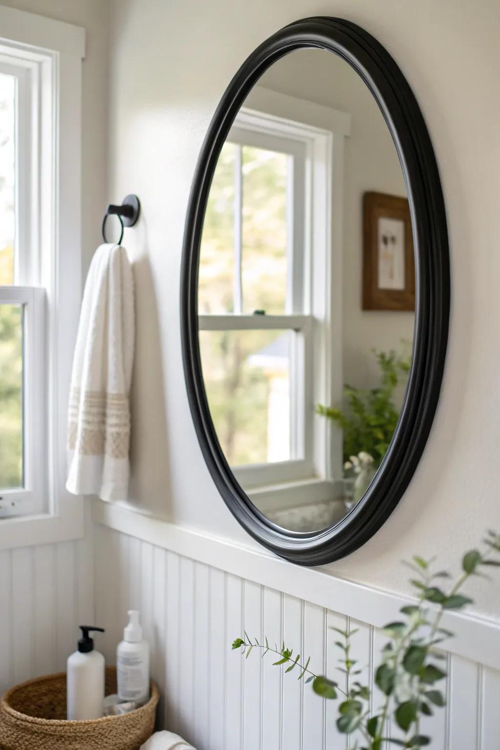 Warm white walls + deeper white trim make this tiny bath feel airy—add a dark mirror for contrast.