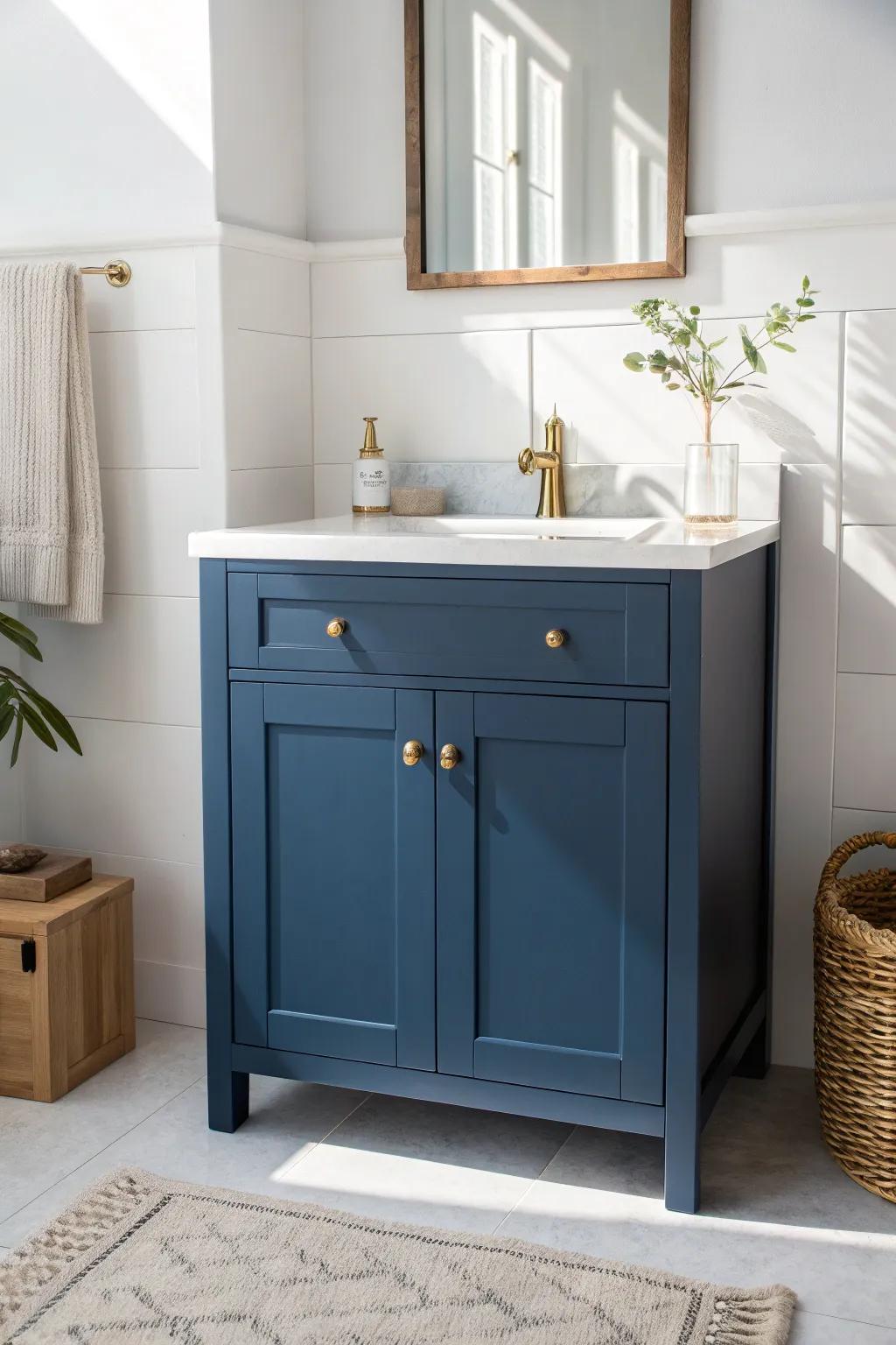 A deep blue vanity against crisp white walls makes even the smallest bathroom feel open.