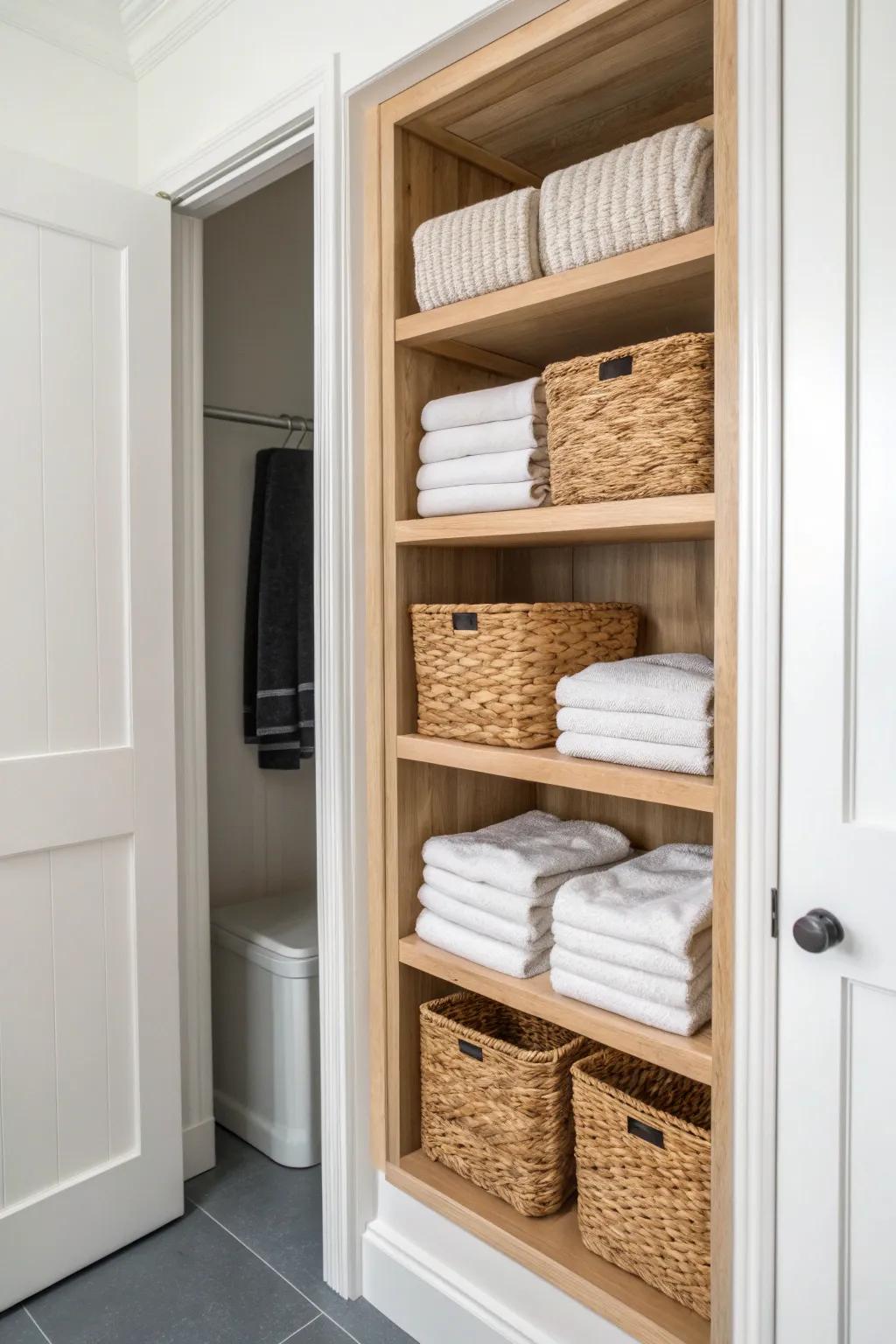 Max out a tiny bathroom closet with skyscraper-style vertical shelves for tidy towel stacks.