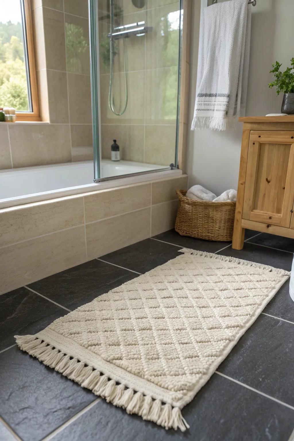 Classic woven bath mat by the shower—soft underfoot, catches splashes without crowding space.