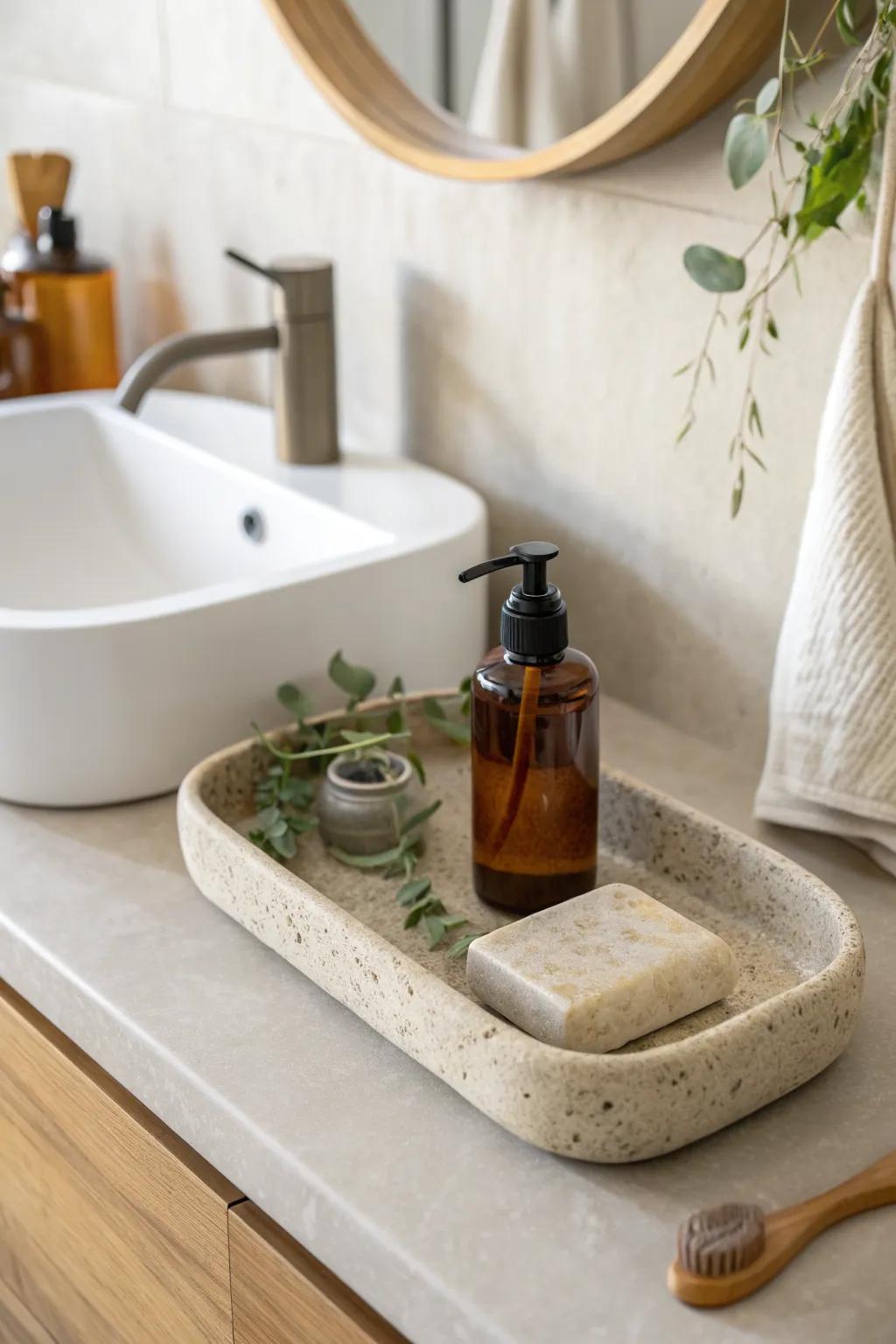 One slim tray corrals soap and daily essentials—instantly making a tiny sink feel serene.