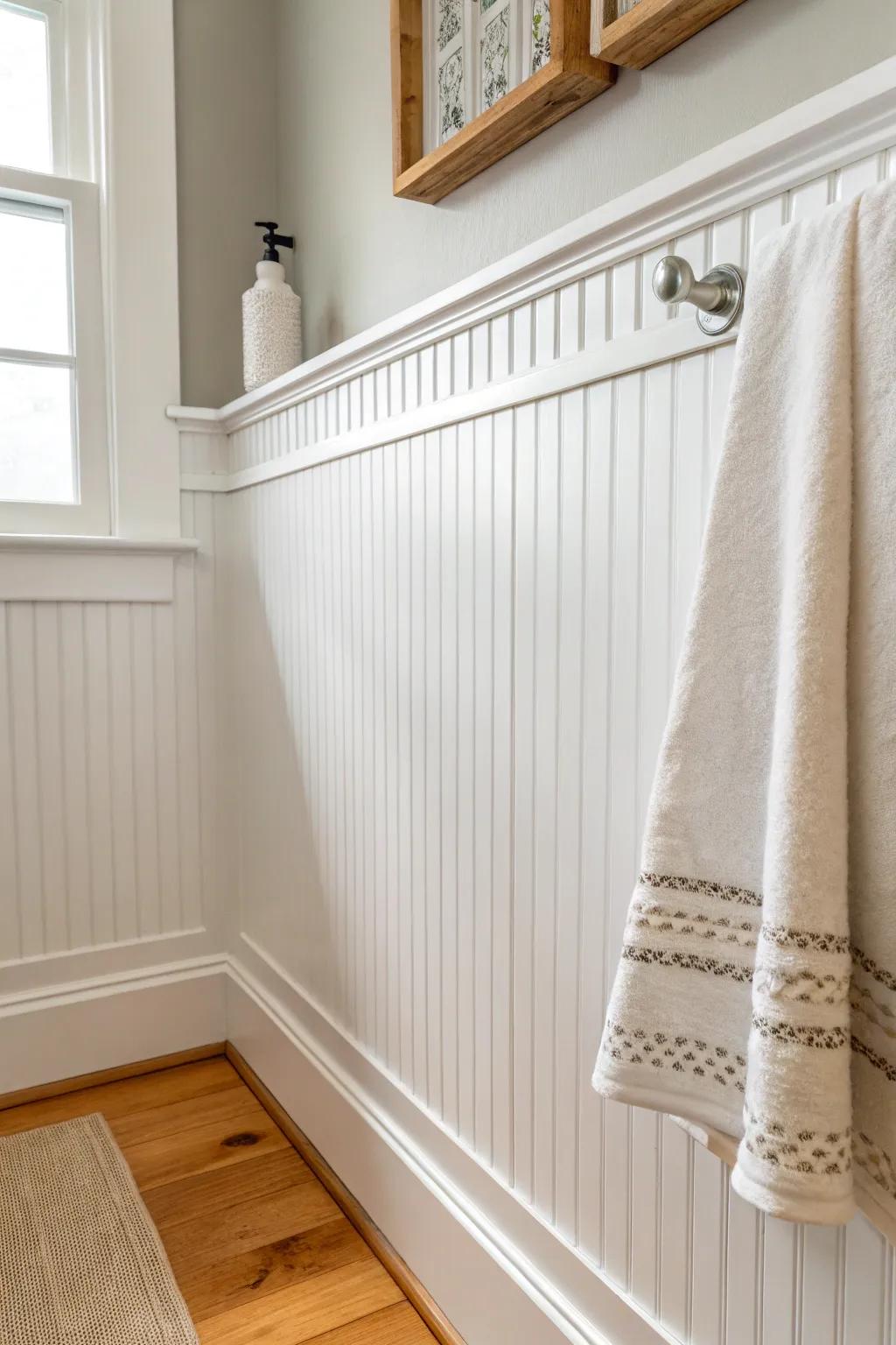 Classic white beadboard wainscoting adds built-in charm and airy texture to small baths.