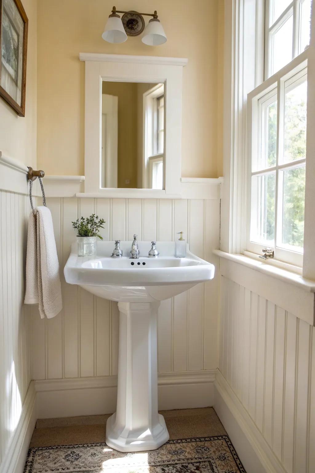 Soft white walls and crisp trim make a pedestal sink feel clean, classic, and twice as bright.