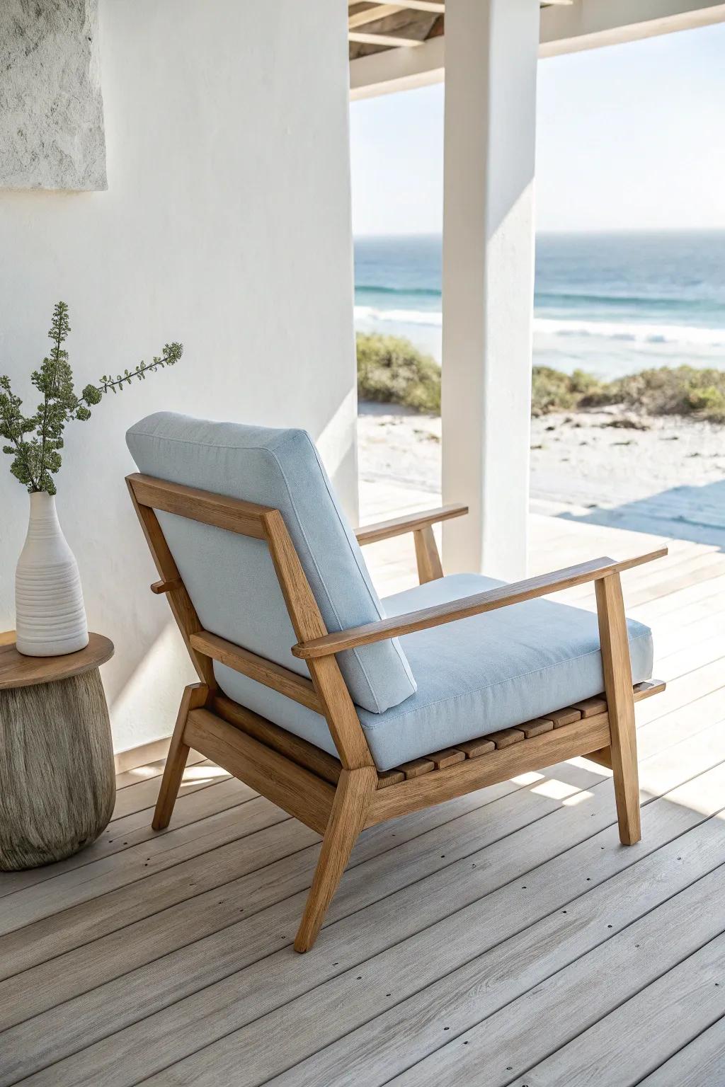 White walls + soft blues: a single calm accent that makes a tiny beach condo feel bigger.