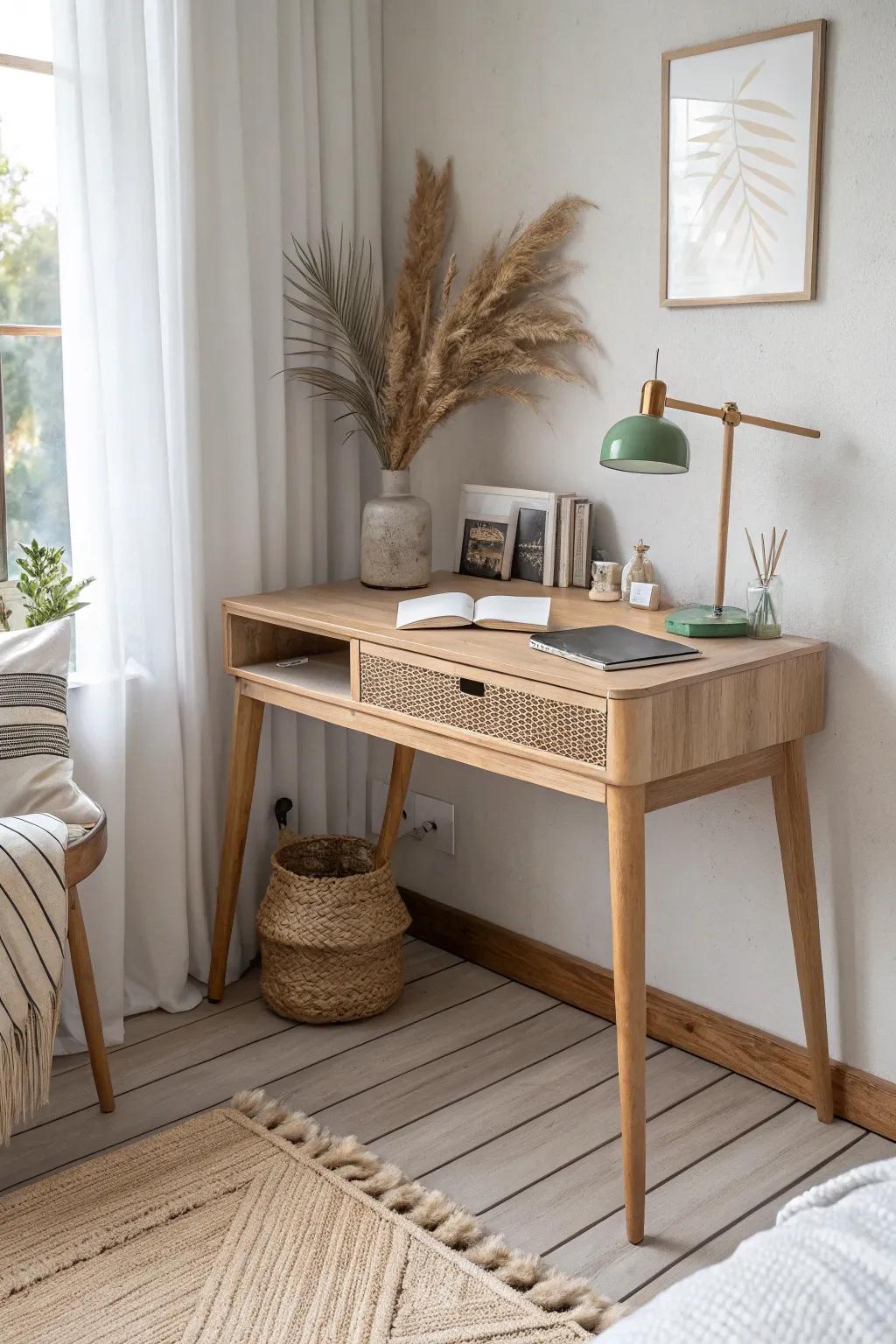 A corner desk creates a calm work zone—keep the top simple and store up with vertical space.