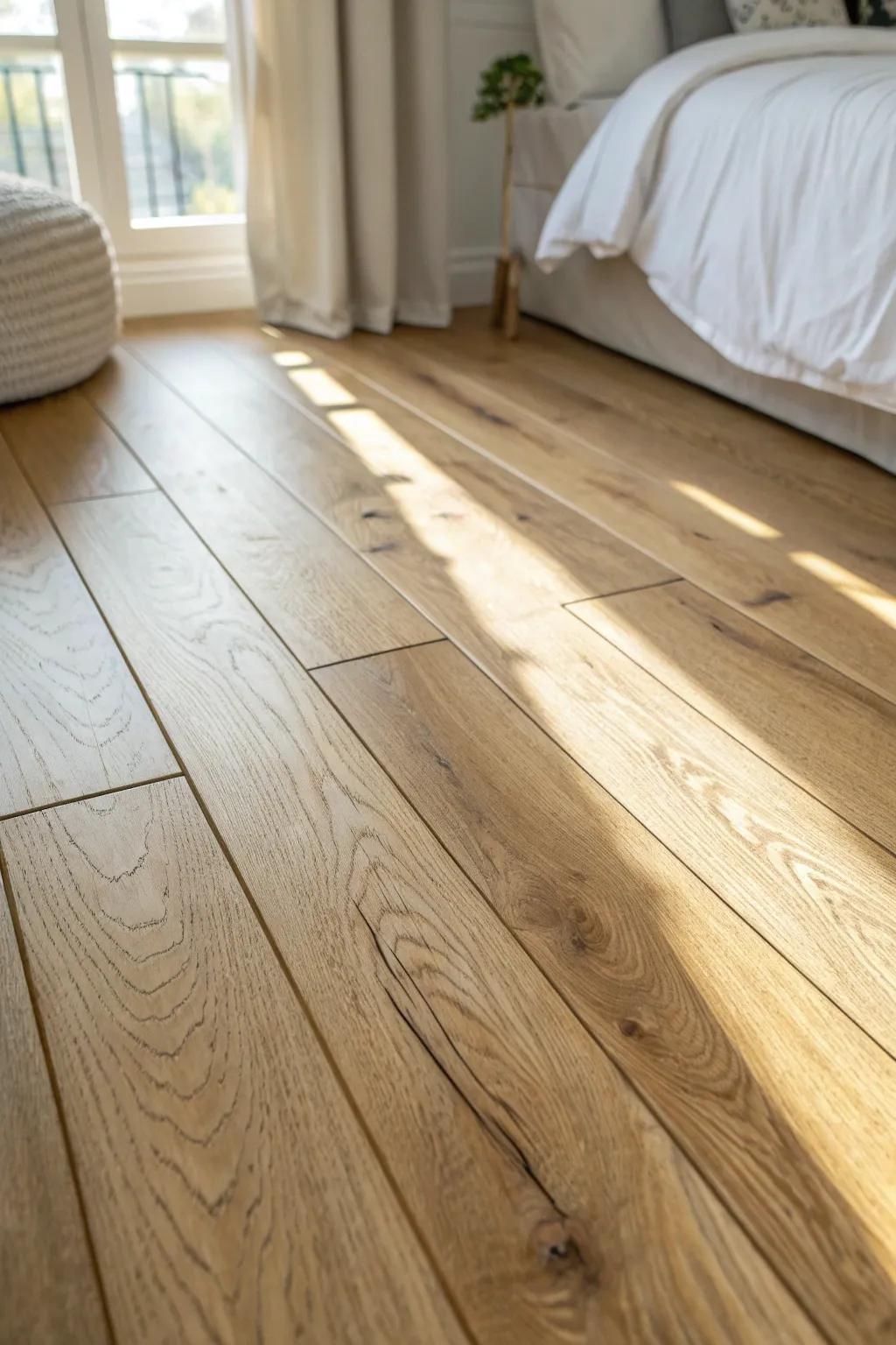 Blonde oak flooring brightens a small bedroom, bouncing light for an instantly airier feel.