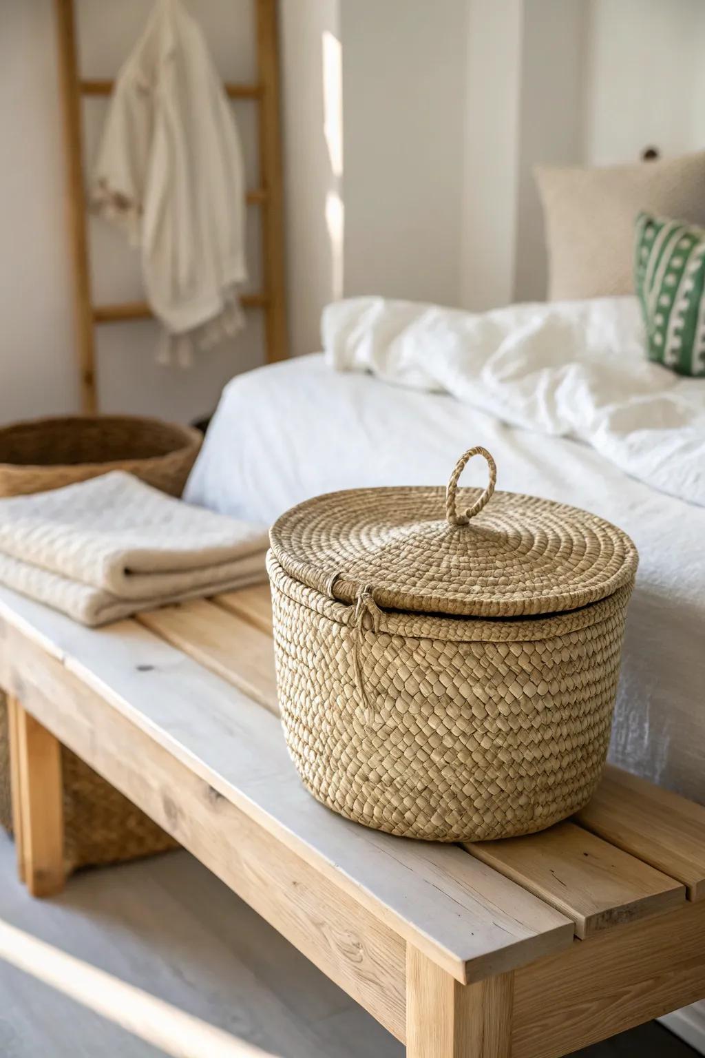 Clear the clutter: one beautiful basket keeps weekly essentials tucked away in a small bedroom.