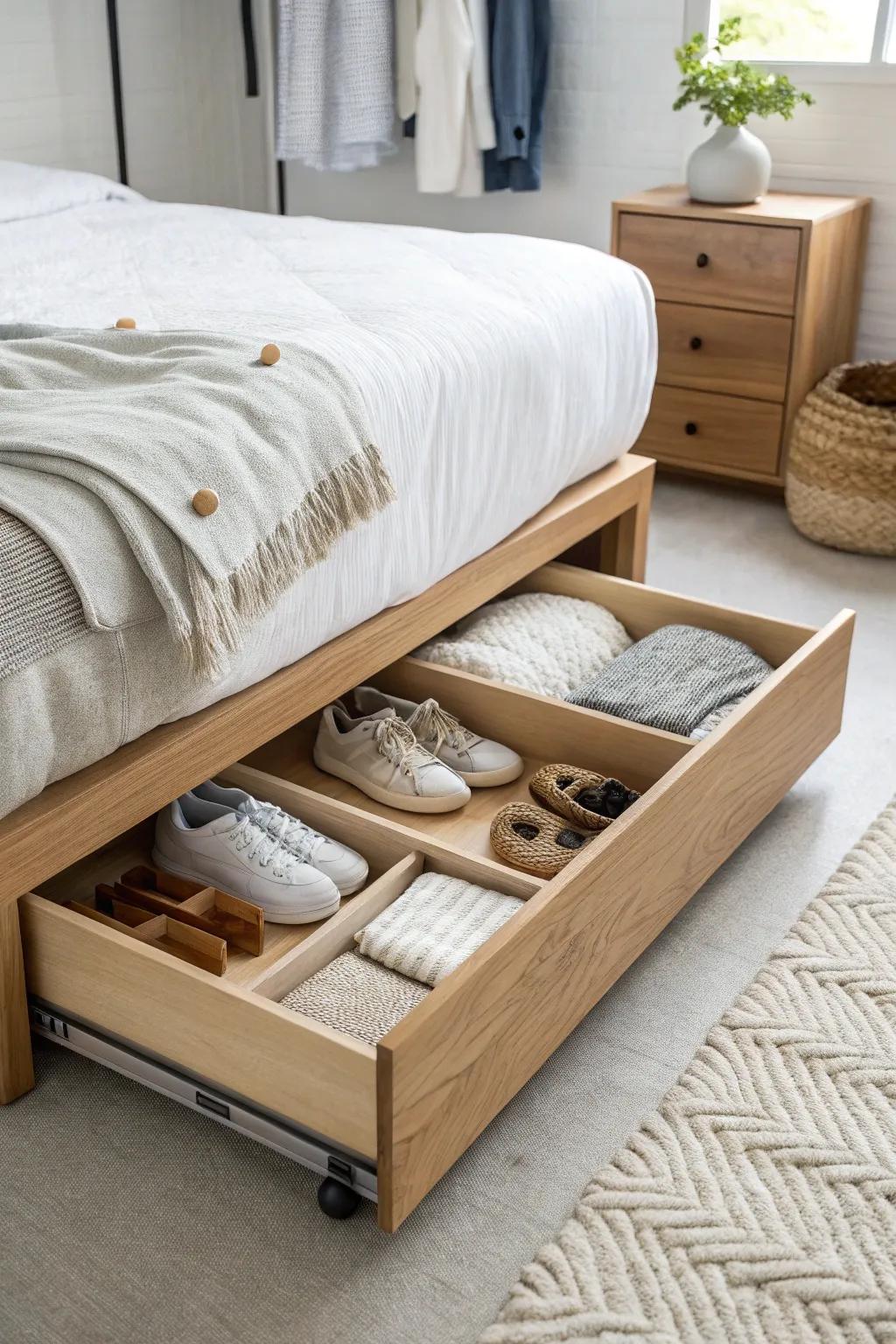 Under-bed storage, but make it chic: sorted drawers for shoes, linens, and off-season knits.
