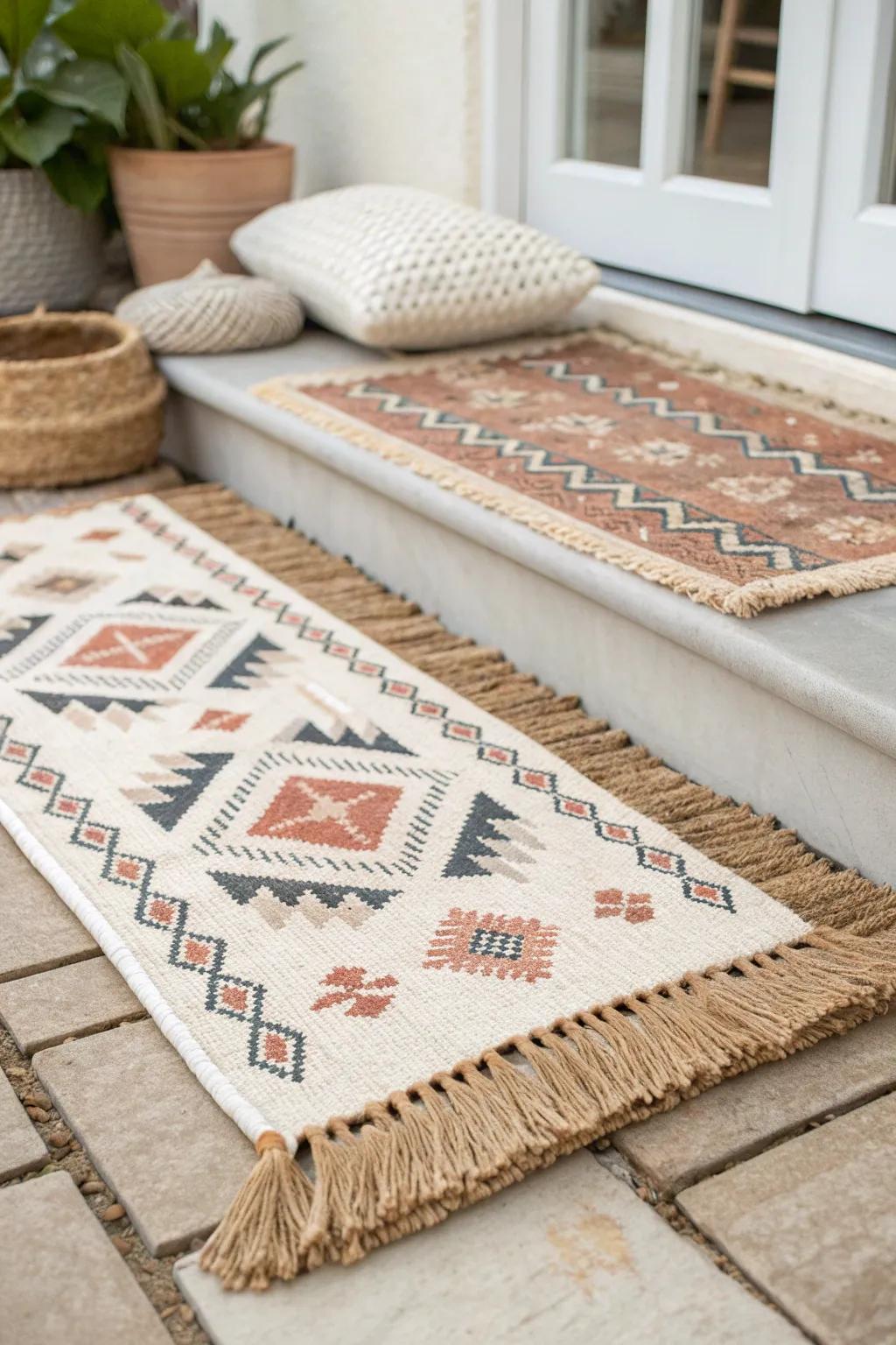 Layered outdoor rugs: jute base + patterned top to hide concrete and warm up a tiny patio.