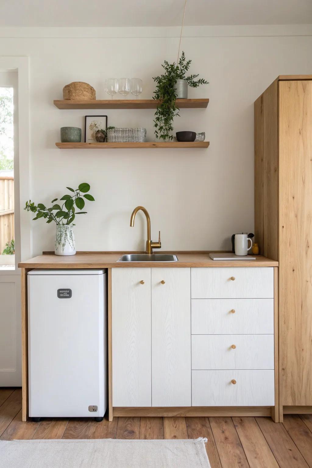 A single-wall kitchenette keeps tiny break rooms open, tidy, and easy to flow through.