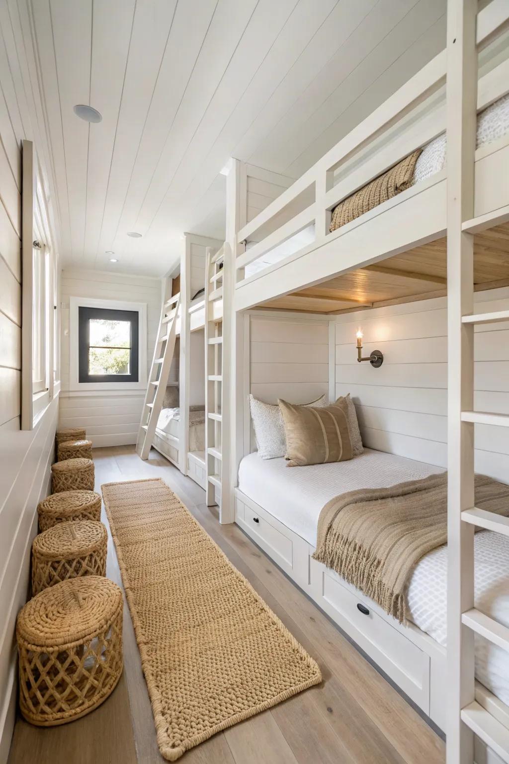 Built-in bunks on both walls with a slim center walkway—tiny cabin, boutique bunkhouse energy.