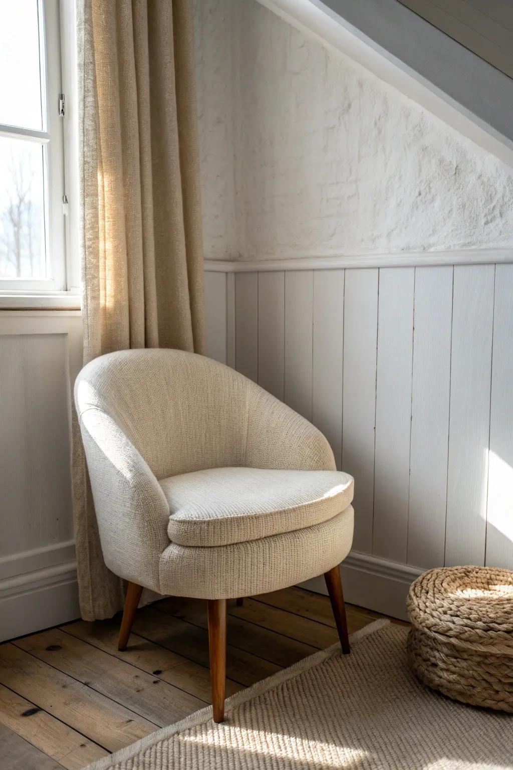 A classic corner chair that instantly turns a bedroom into a calm, cozy reading nook.