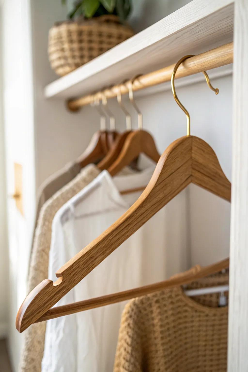 Slim matching hangers instantly calm a tiny closet—and free up precious breathing room.
