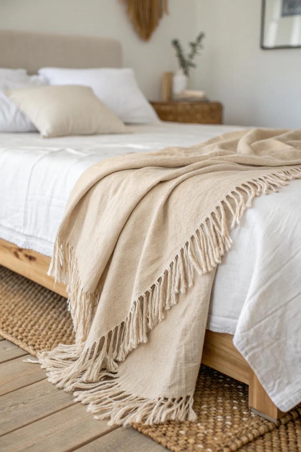 Warm whites + sandy linen texture: the easiest coastal base to make a tiny bedroom feel airy.