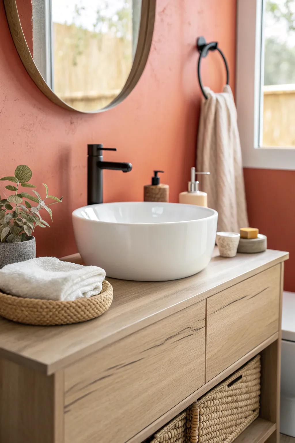 One happy accent wall behind the sink turns a tiny bathroom into a bright, curated nook.
