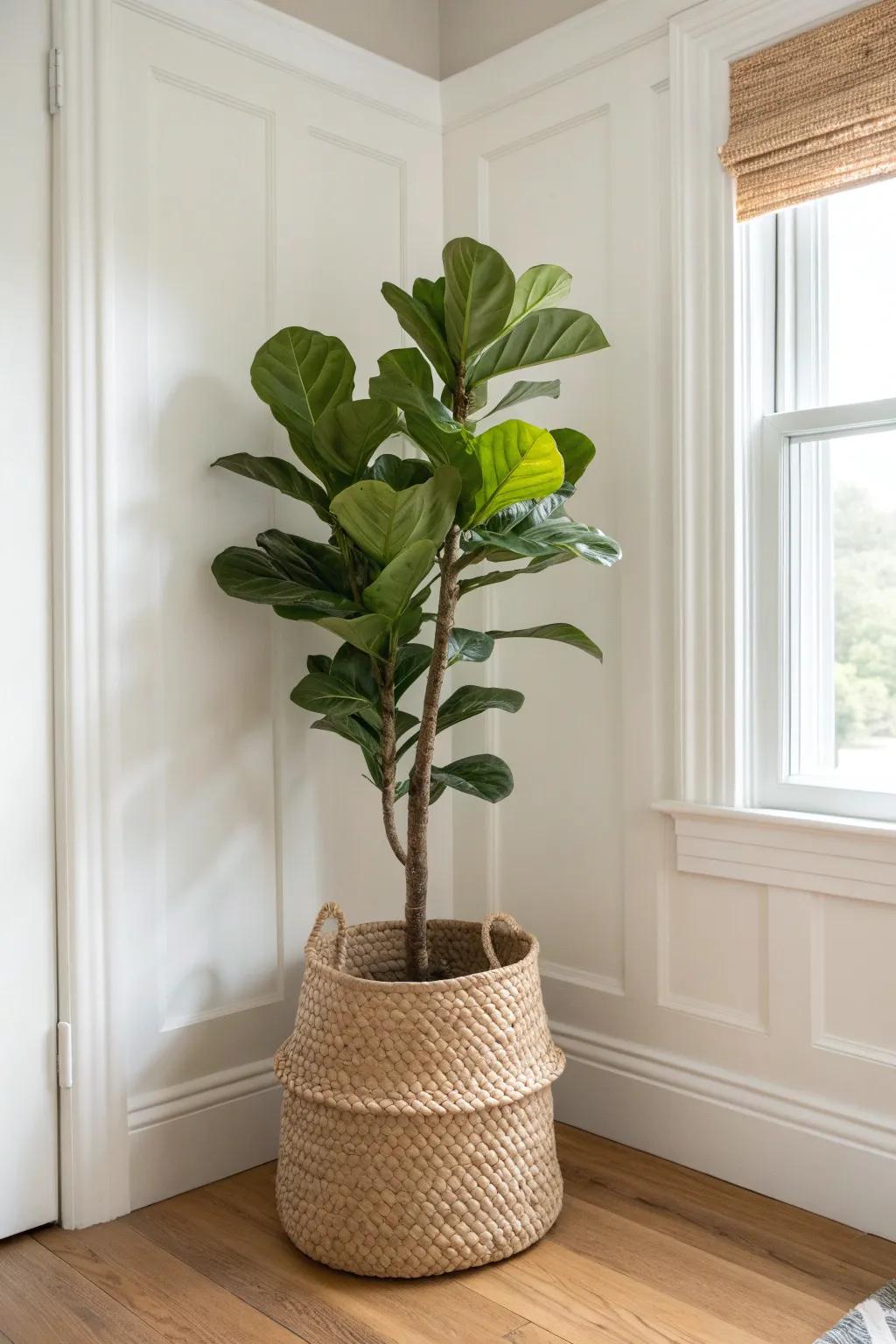 A tall floor plant in a woven basket instantly makes a small corner feel finished.
