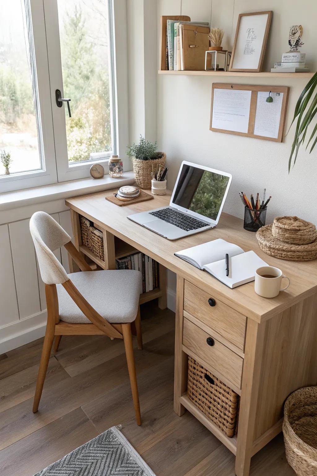 A classic L-shaped corner desk that creates two tidy work zones without crowding the room.