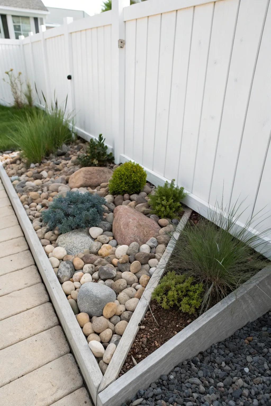 Make a fence corner feel finished with a crisp triangle of river rocks and a few tough plants.