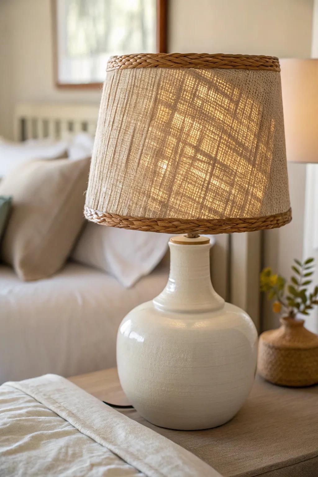 Stick to warm neutrals: a handmade bedside lamp turns a small bedroom into a calm cocoon.