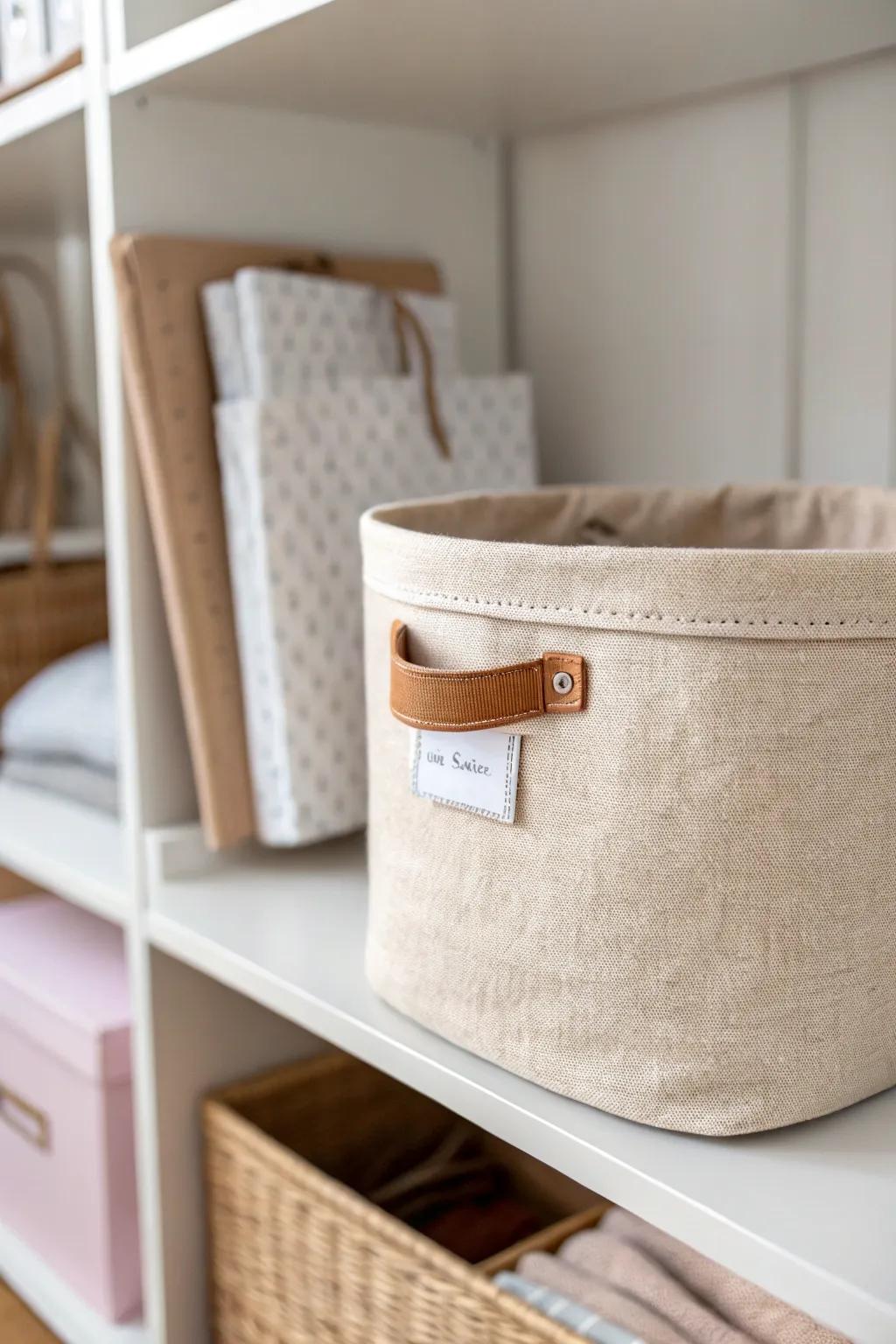 Turn a closet into a craft nook with slim shelves and pretty labeled bins for calm storage.