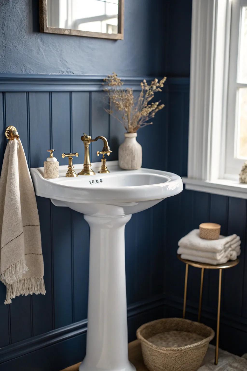 Navy walls + a bright white sink: the contrast that makes a tiny bathroom feel curated and fresh.