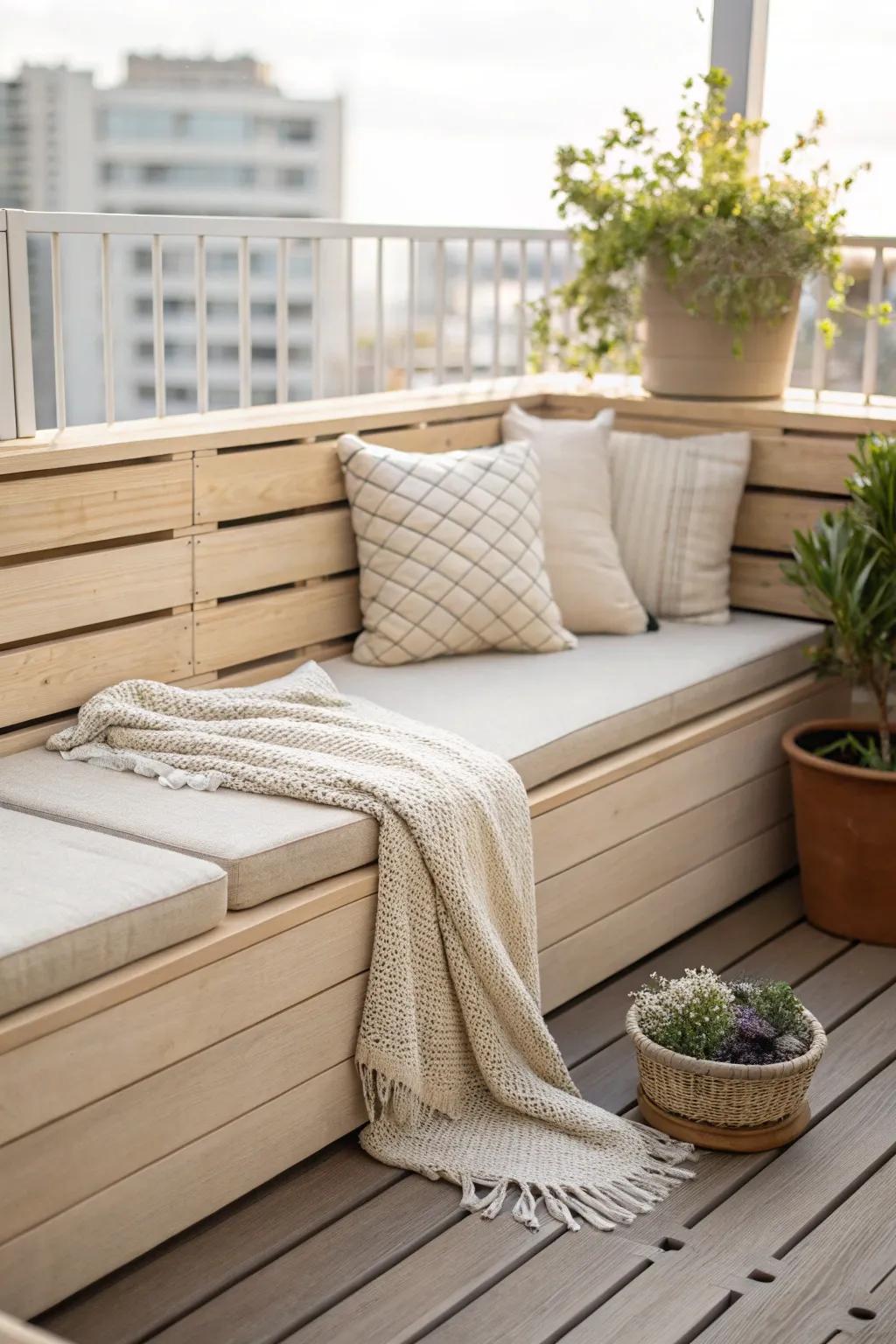 Built-in bench seating turns a tiny deck into a cozy lounge—no chair legs, just calm.