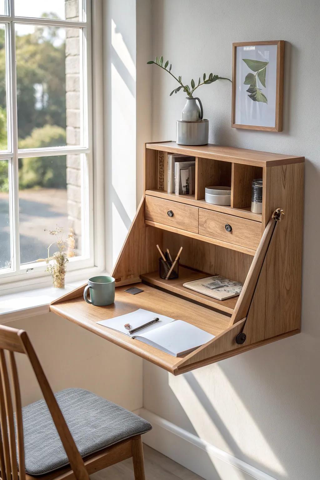 A fold-down wall desk that vanishes after work—perfect for calm, clutter-free small spaces.