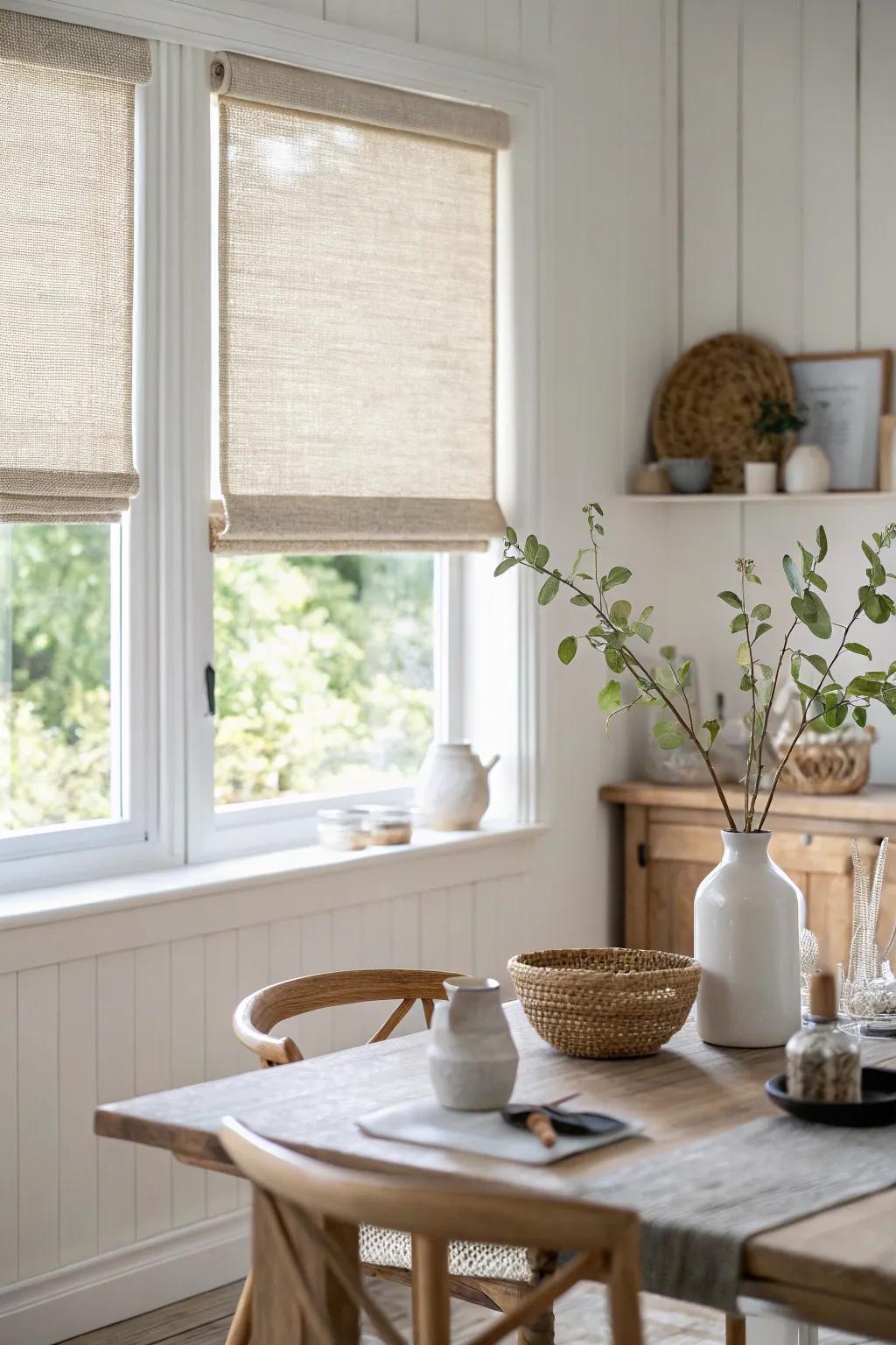 Light-filtering linen shade keeps a tiny dining nook airy—daylight decor with zero clutter.