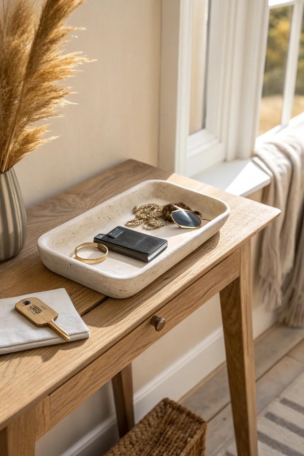 A slim console + one pretty catchall tray keeps keys and essentials tidy in a tiny entry.