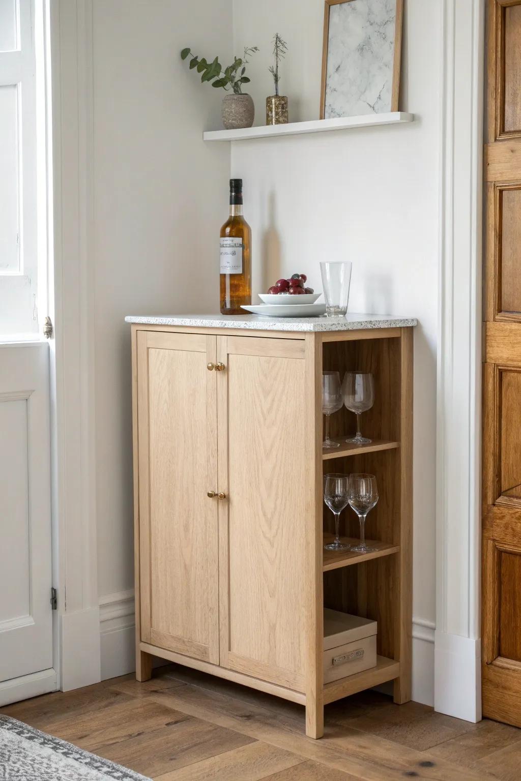 A slim oak cabinet with floating shelves turns a tiny corner into a chic dry bar.