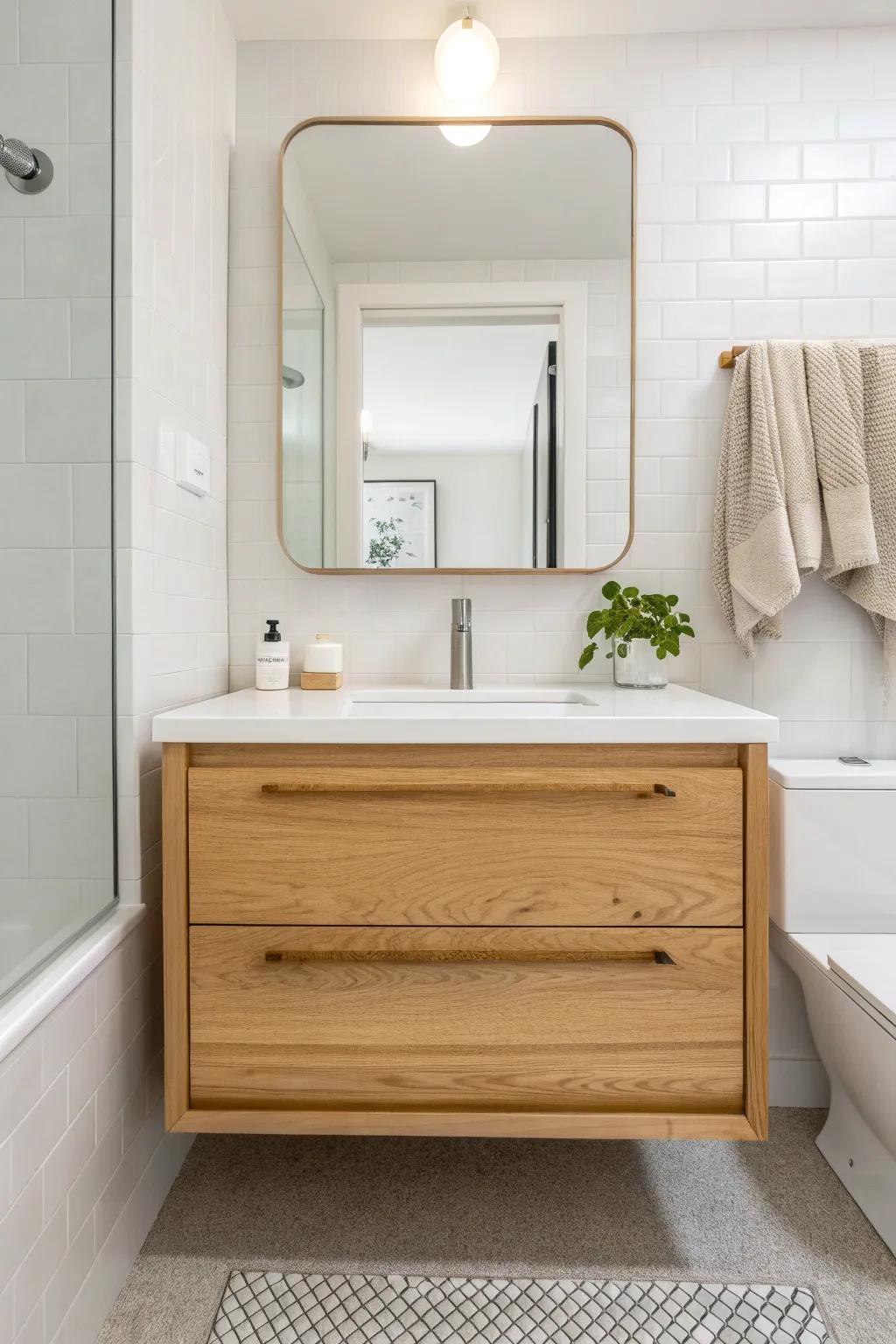 A floating drawer vanity frees up floor space and keeps tiny en suite sinks beautifully clutter-free.