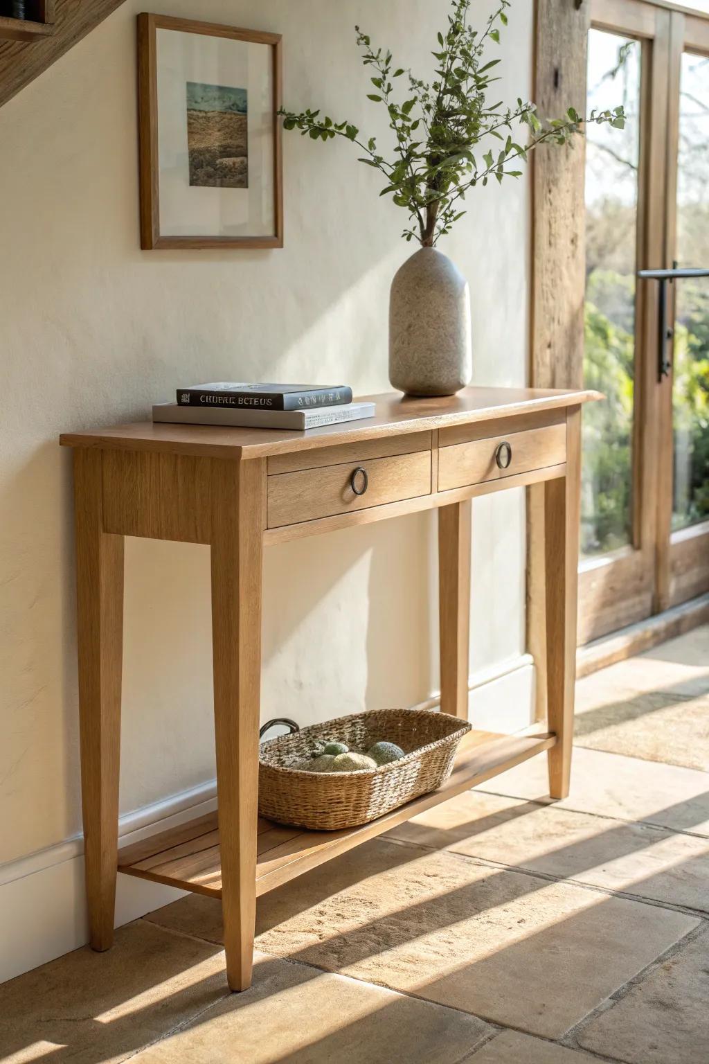 A slim console creates a tidy drop zone for keys and mail—without crowding your entry.