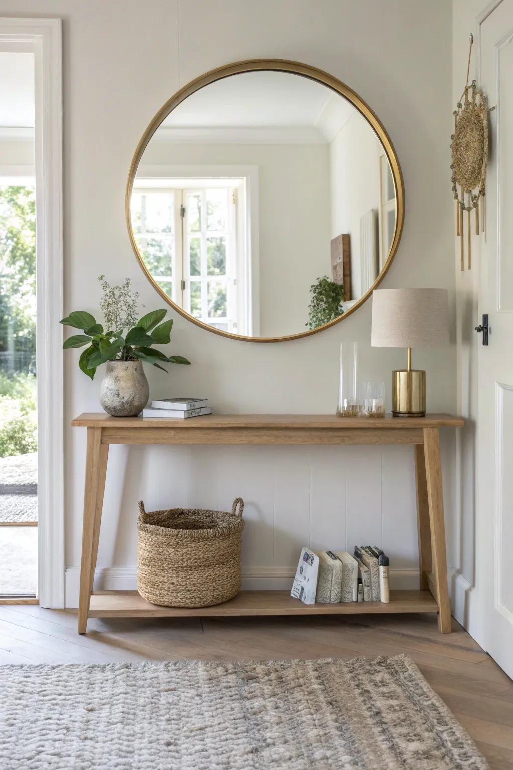 A large mirror above a slim entry table instantly bounces light and makes it feel bigger.