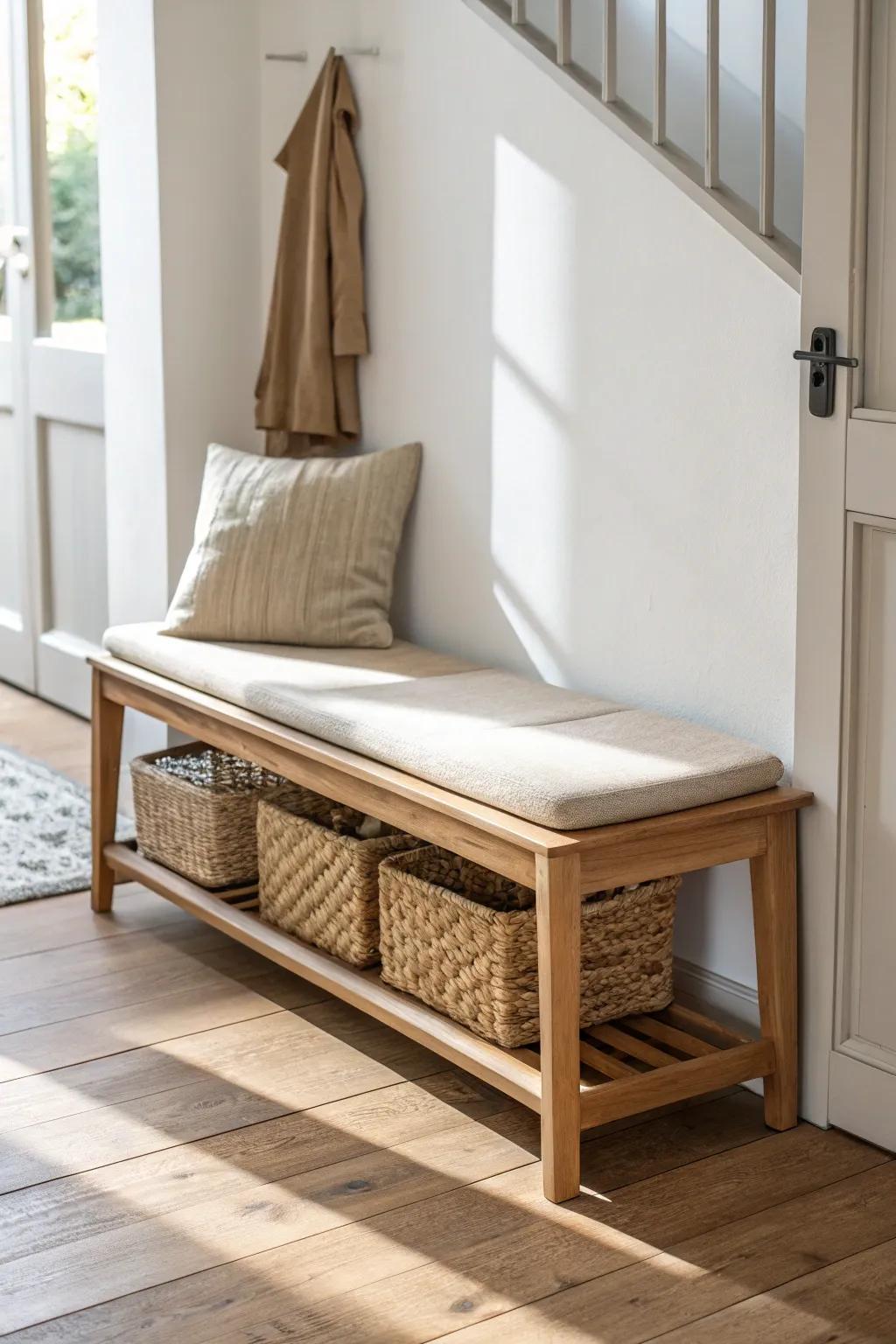 A slim oak bench with woven baskets keeps entryway shoes and “door stuff” tidy and airy.