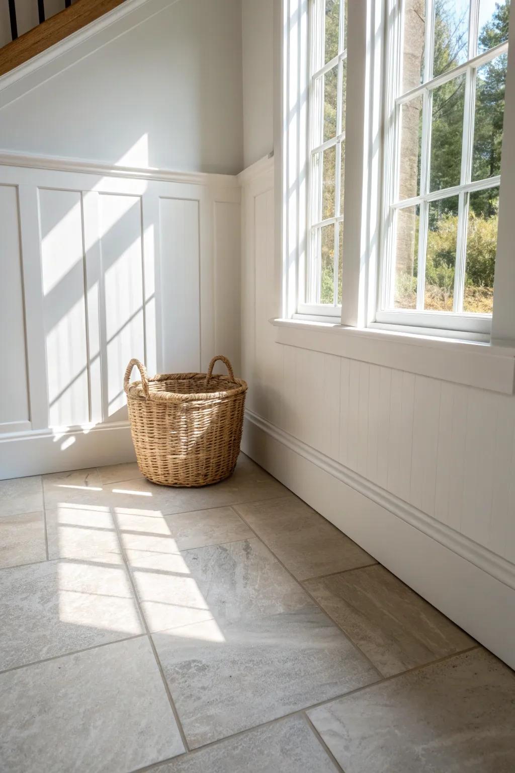 Warm-white large-format porcelain with fewer grout lines makes a tiny entryway feel wider.