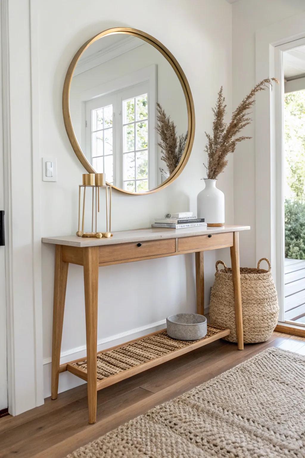 A slim console and oversized mirror that makes a small entryway feel brighter and wider.