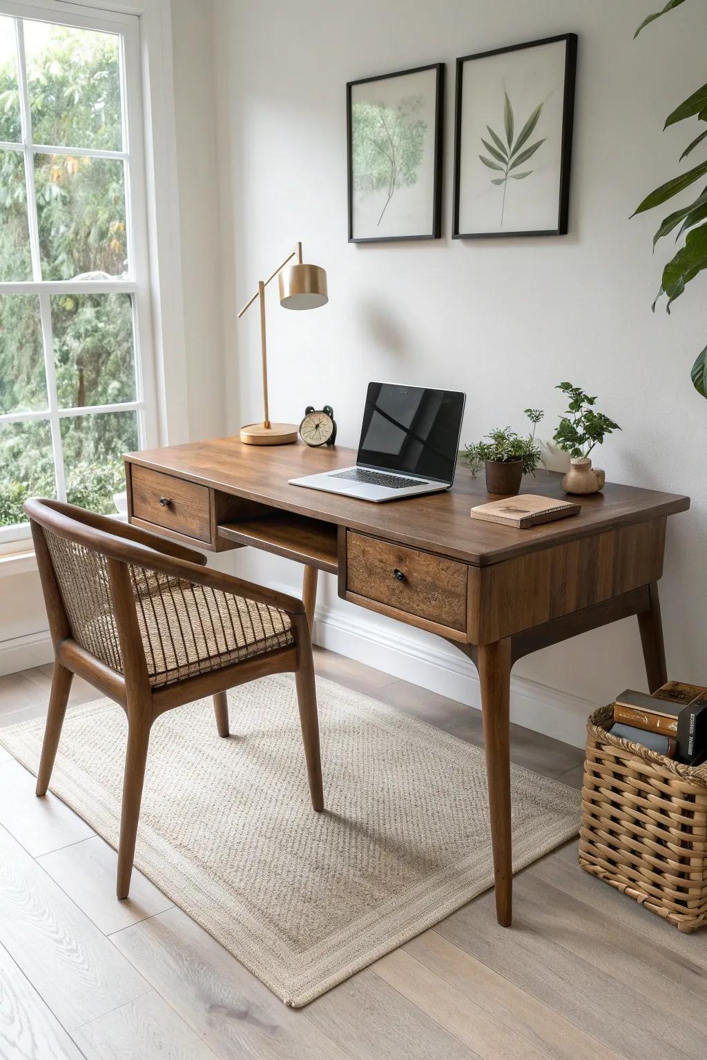 A bold, thick-top statement desk brings executive presence to even the smallest office nook.
