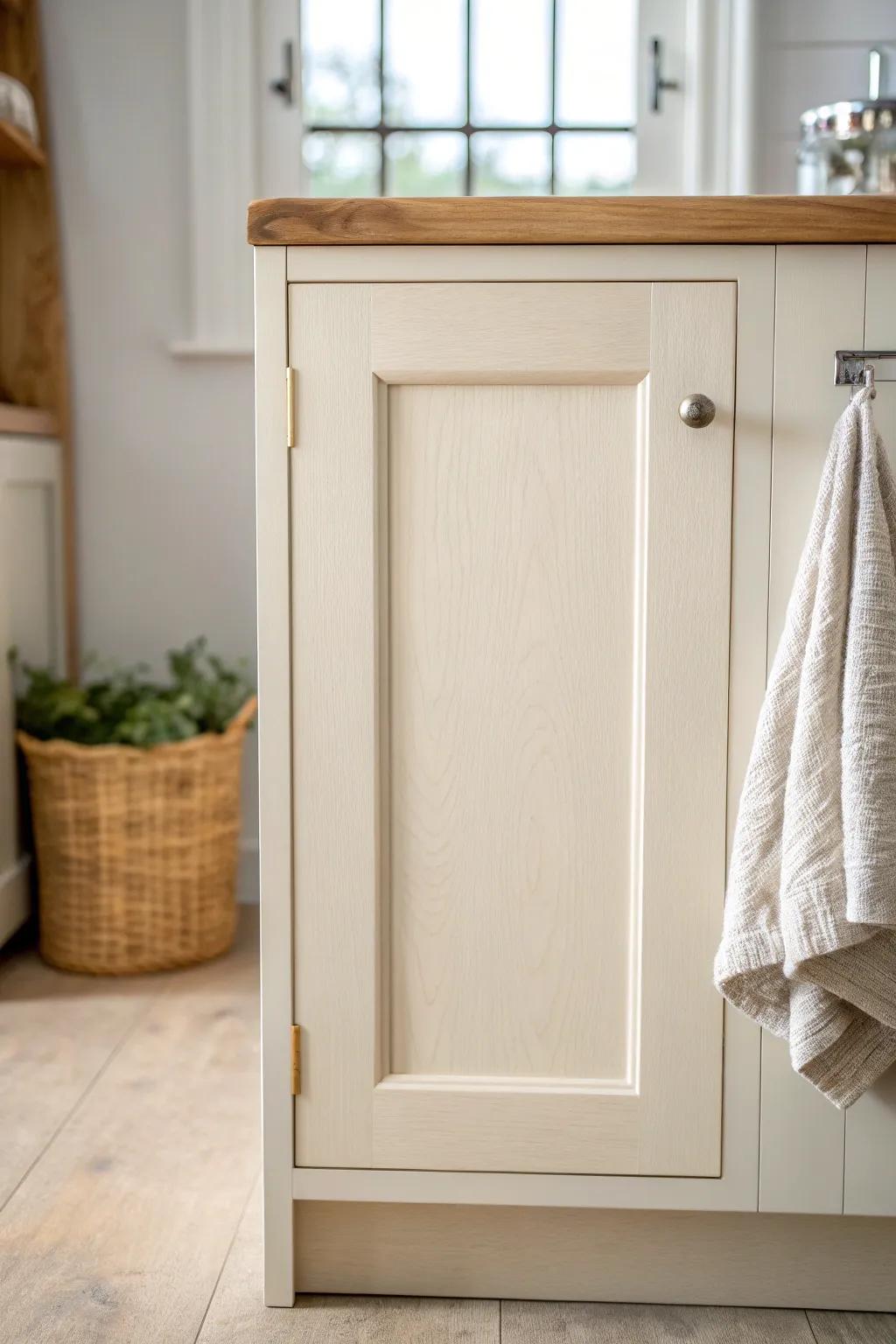 Soft warm-white paint transforms old cabinets—budget farmhouse glow for tiny kitchens.