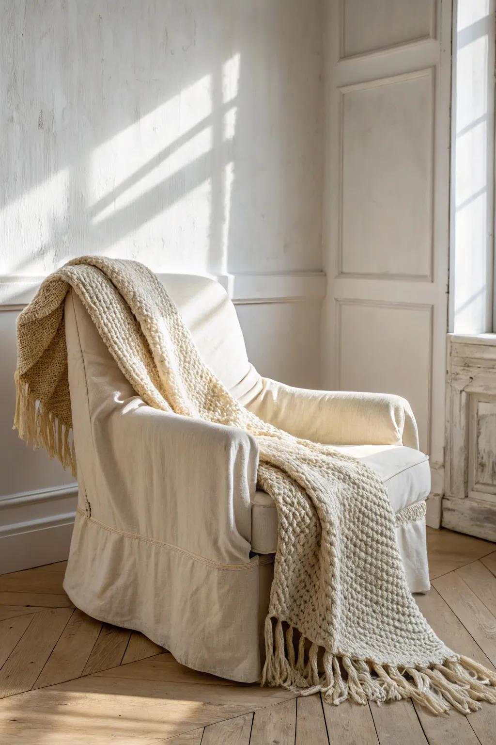 Warm whites + creamy beiges: one cozy linen chair that makes a small farmhouse room feel bigger.