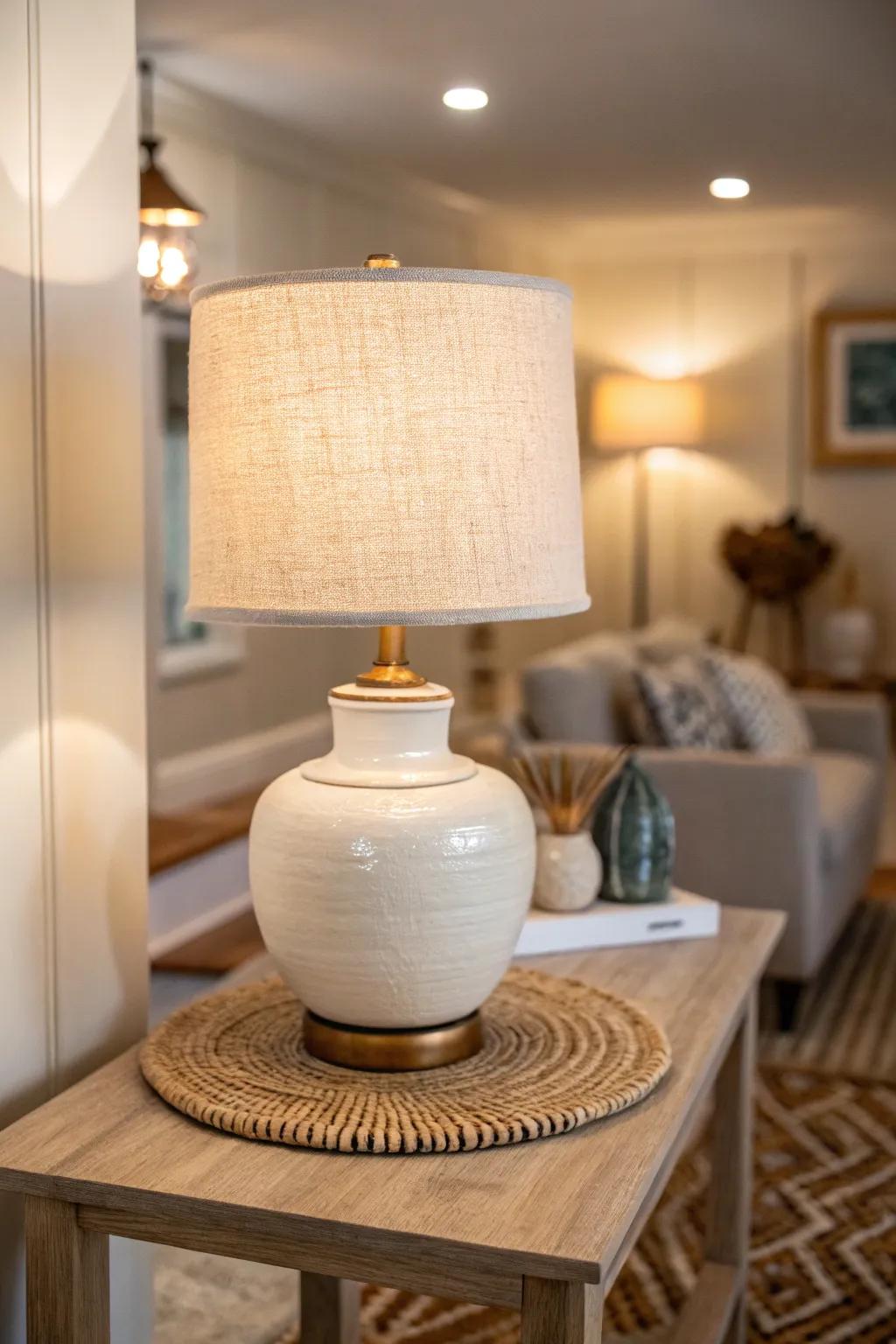 Layered basement lighting: a dimmable lamp plus soft overhead glow for instant cozy.