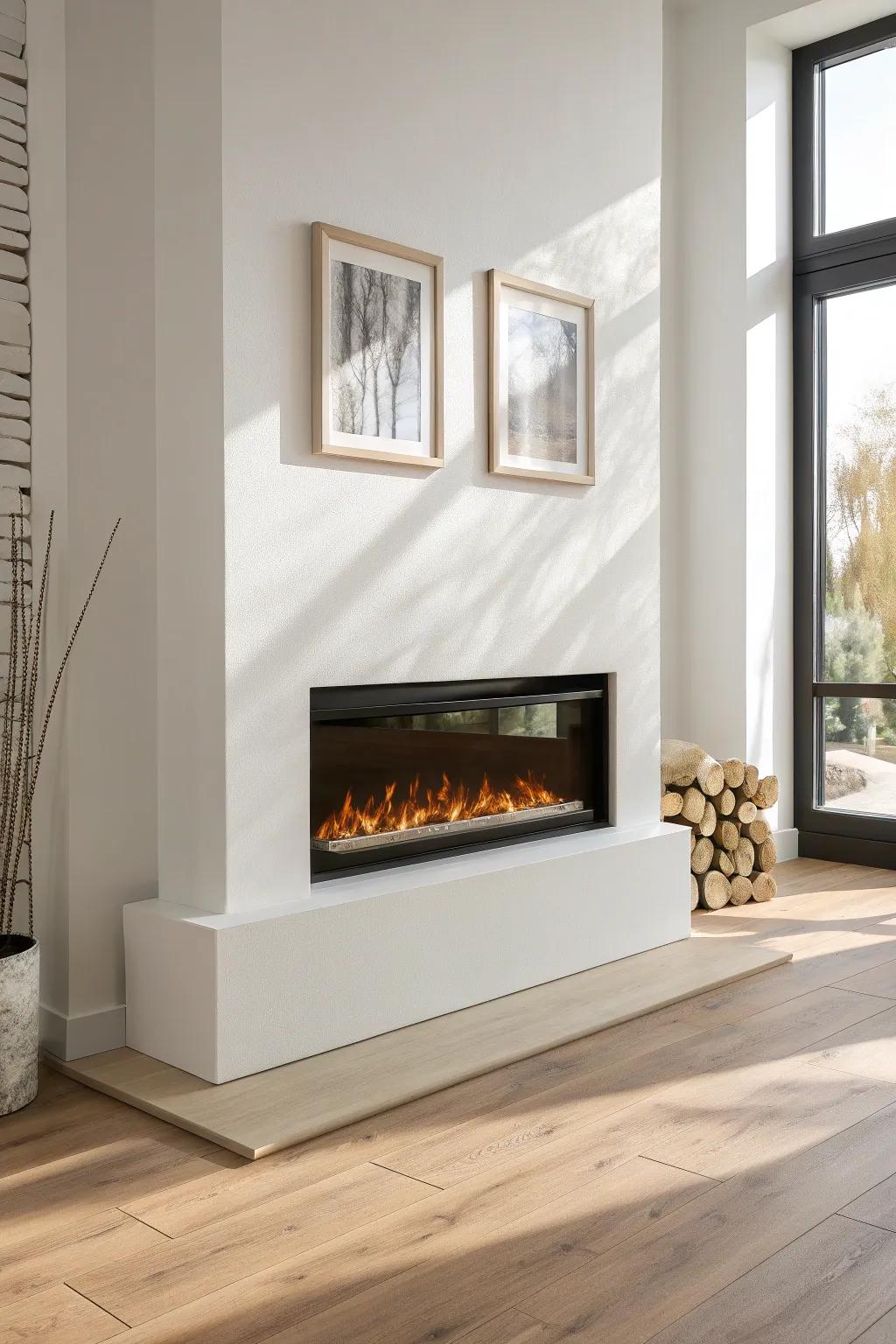 A slim electric fireplace adds cozy glow without stealing precious walking space.
