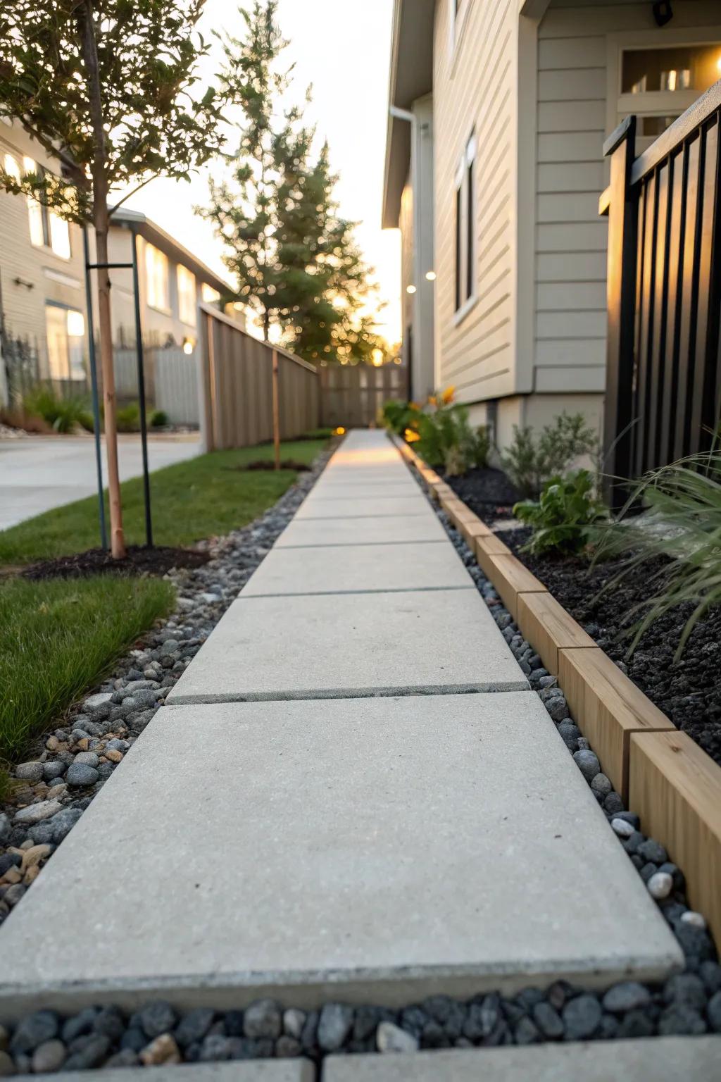 Crisp, straight pavers with dark gravel edging—an easy way to make a small townhouse yard feel larger.
