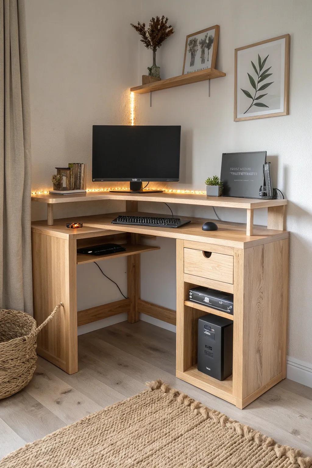 Turn one quiet corner into a calm, chic gaming command center—minimal desk, warm glow, zero clutter.